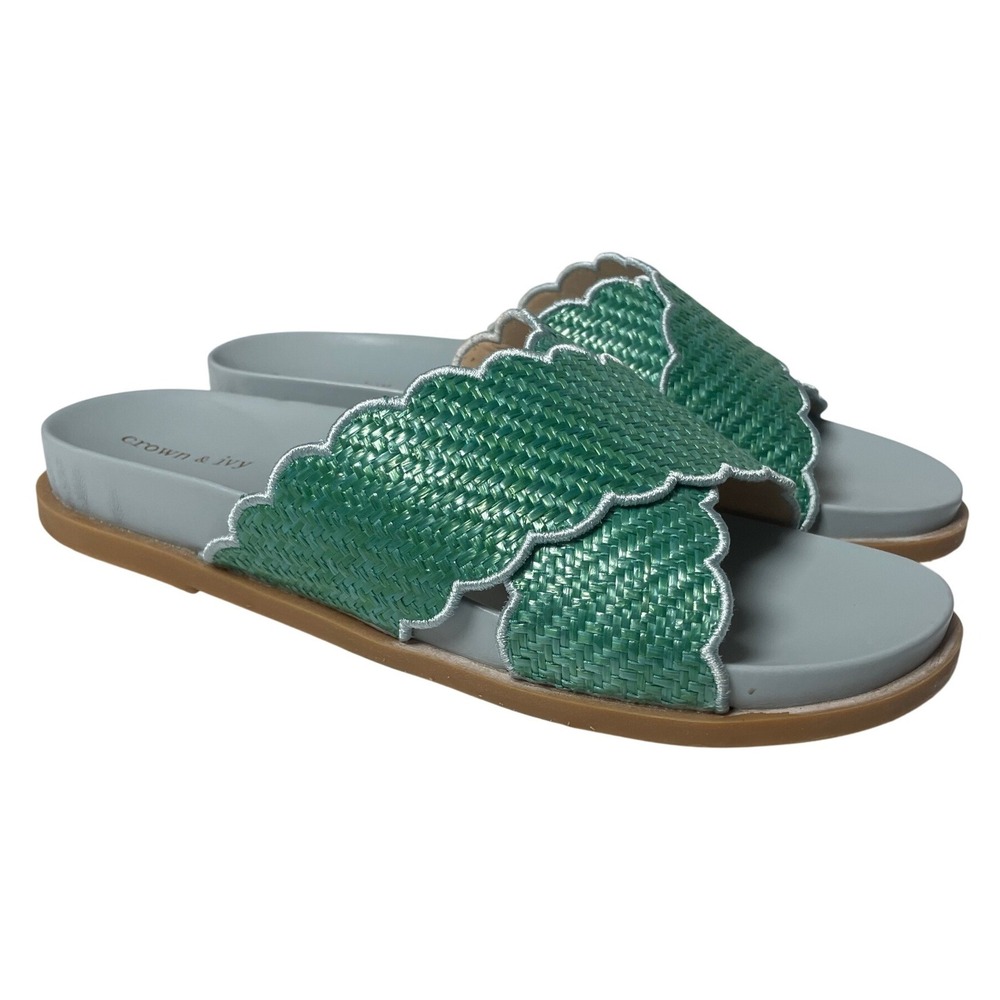 Crown & Ivy Clara Scalloped Green Woven Slide Sandals Women's 9.5